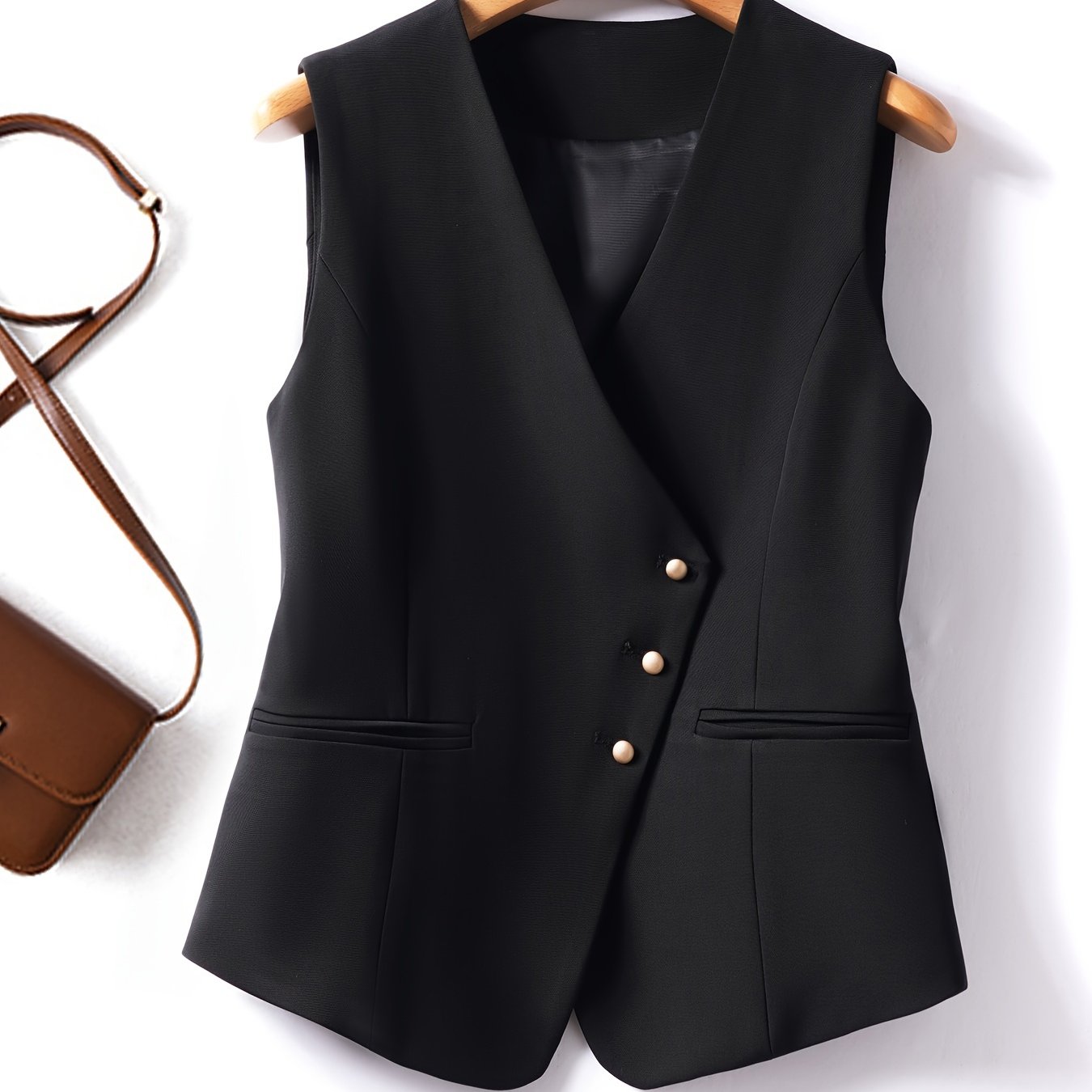 Stylish polyester V-neck vest for women with button detail, flared hem, and slim fit. Suitable for spring/fall wear in a professional setting.