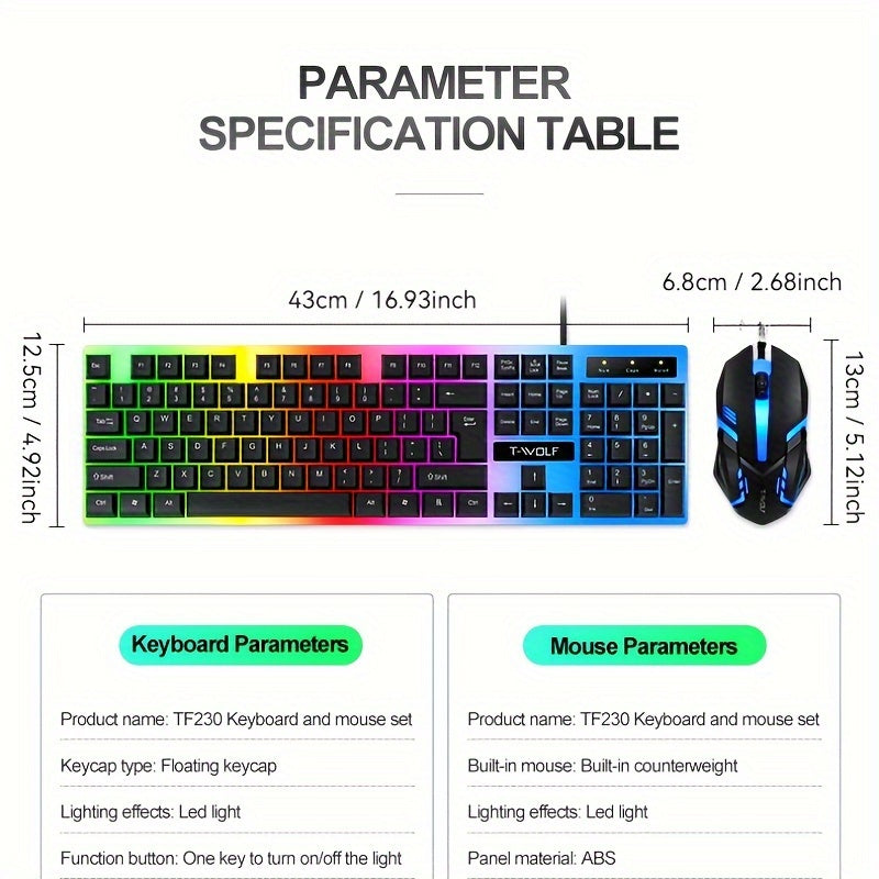 T-WOLF TF230 illuminated keyboard and mouse set for gaming and office use