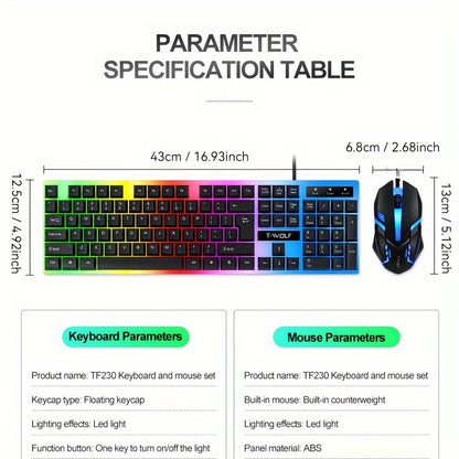 T-WOLF TF230 illuminated keyboard and mouse set for gaming and office use