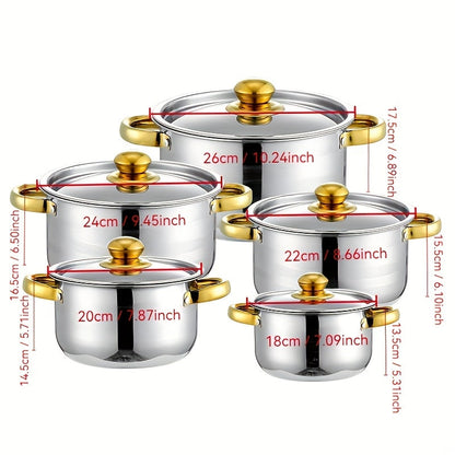 Set of 10 Stainless Steel Pots with Large Capacity, Easy to Clean, Multiple Sizes, Versatile Uses, Includes All-Steel Pot Covers with Heat-Resistant Golden Handles.