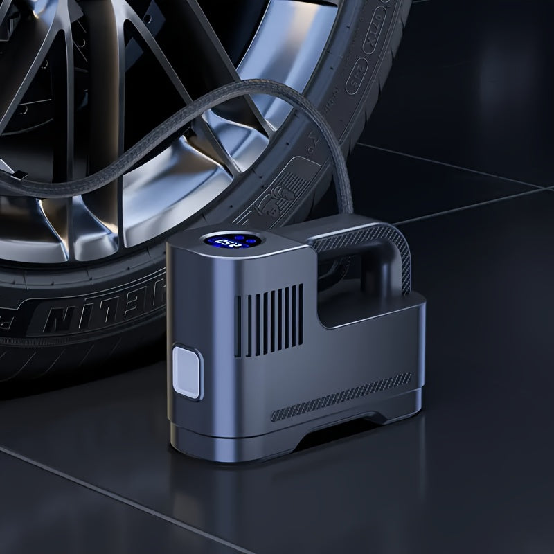 Compact tire inflator with LED light for cars and motorcycles, powered through the cigarette lighter.