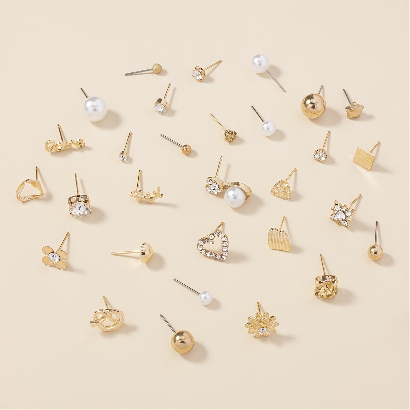 Set of 30 pairs of stud earrings, featuring a combination of alloy material, full rhinestones, faux pearls, and round love letters.