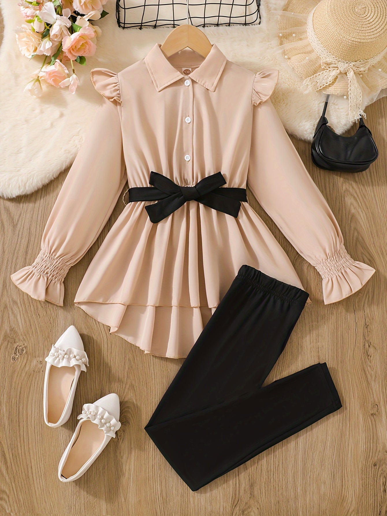 2-piece apricot peplum blouse top and solid pants set for girls' casual outdoor wear in spring and fall