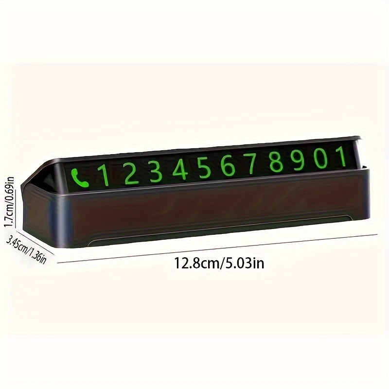 Temporary car parking phone number sign: Decorative plastic accessory for mobile phone with movable card for car interior.