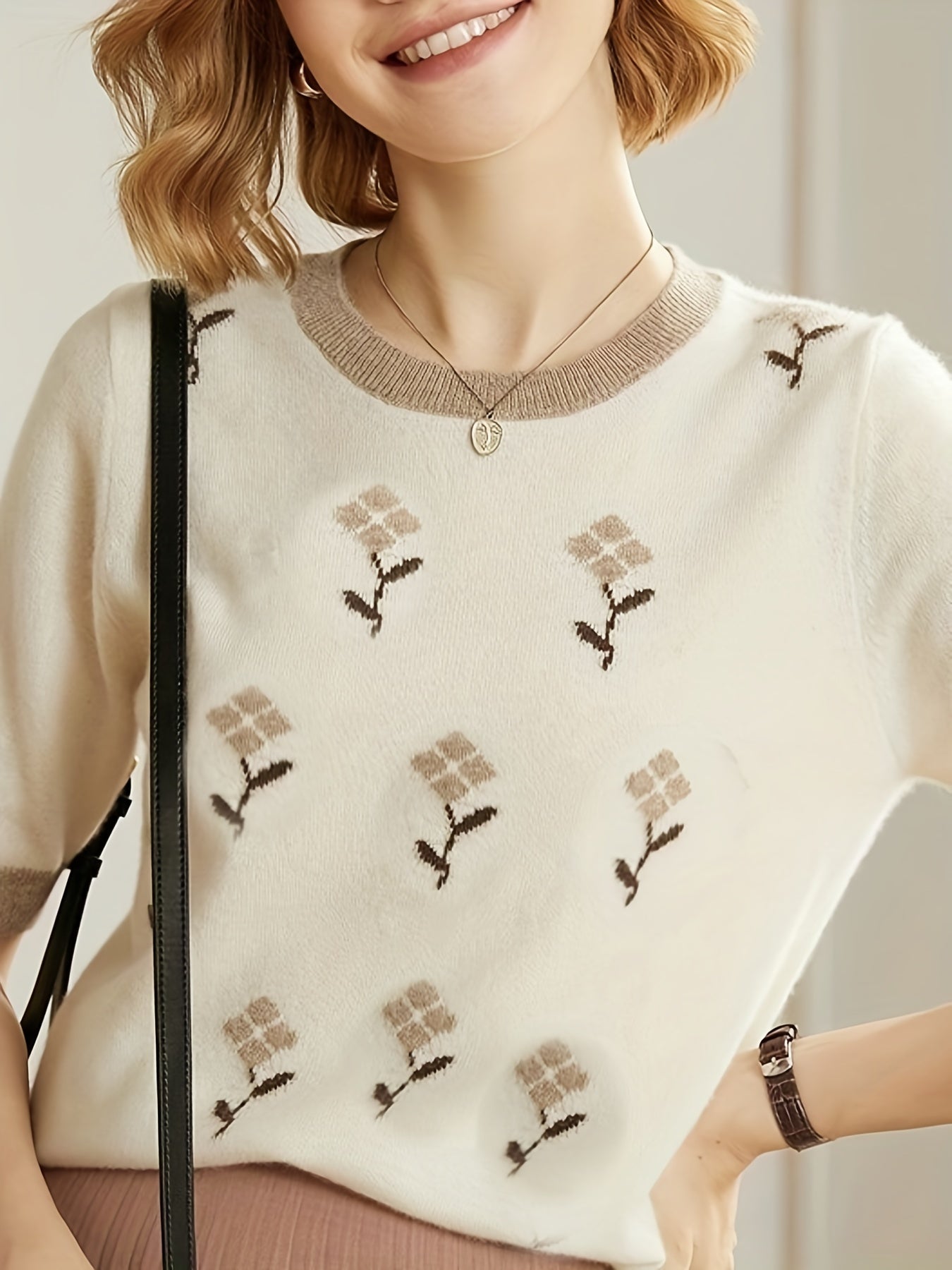 Valentine's Day Flower Pattern Sweater for Women, Casual and Elegant for Fall & Spring