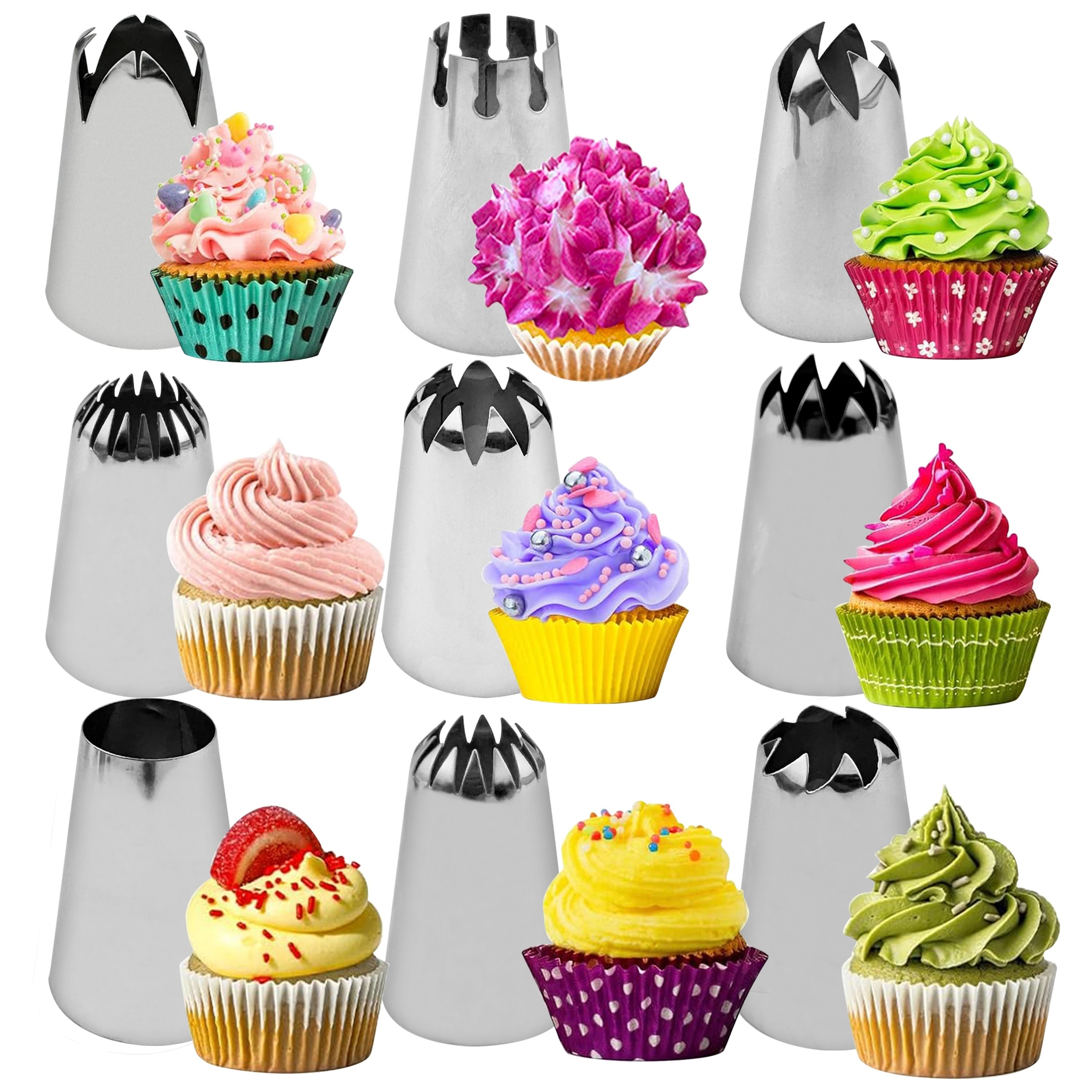 Set of 9 large stainless steel piping tips, perfect for decorating macarons, cakes, and cookies. These versatile nozzles are ideal for holiday baking, including Halloween, Christmas, Easter, Hanukkah, and Thanksgiving. Use these metal cupcake icing tools