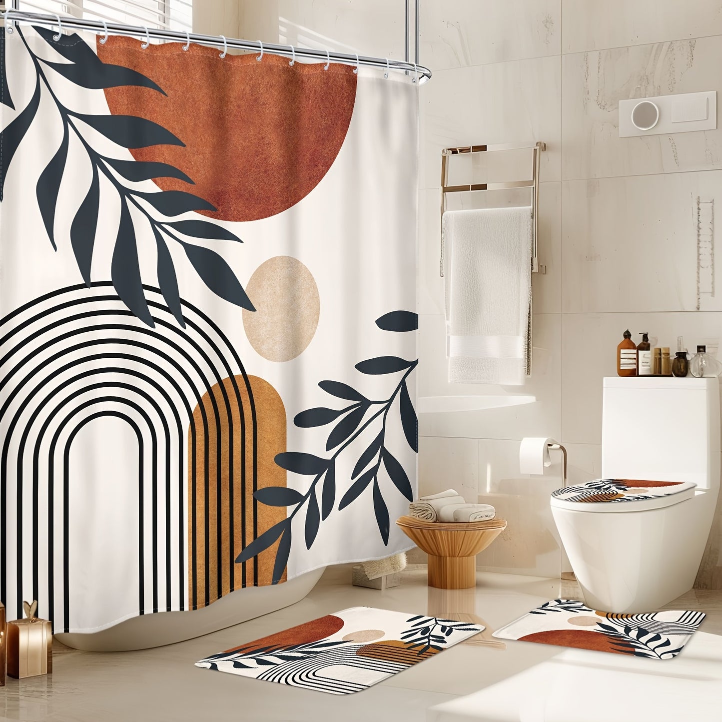 Bohemian abstract medieval shower curtain set includes 1 waterproof curtain, 12 hooks, non-slip bath mat, U-shaped toilet mat, lid mat, and bathroom accessories. Features brown geometric leaves and arched sun plant decoration in a neutral modern