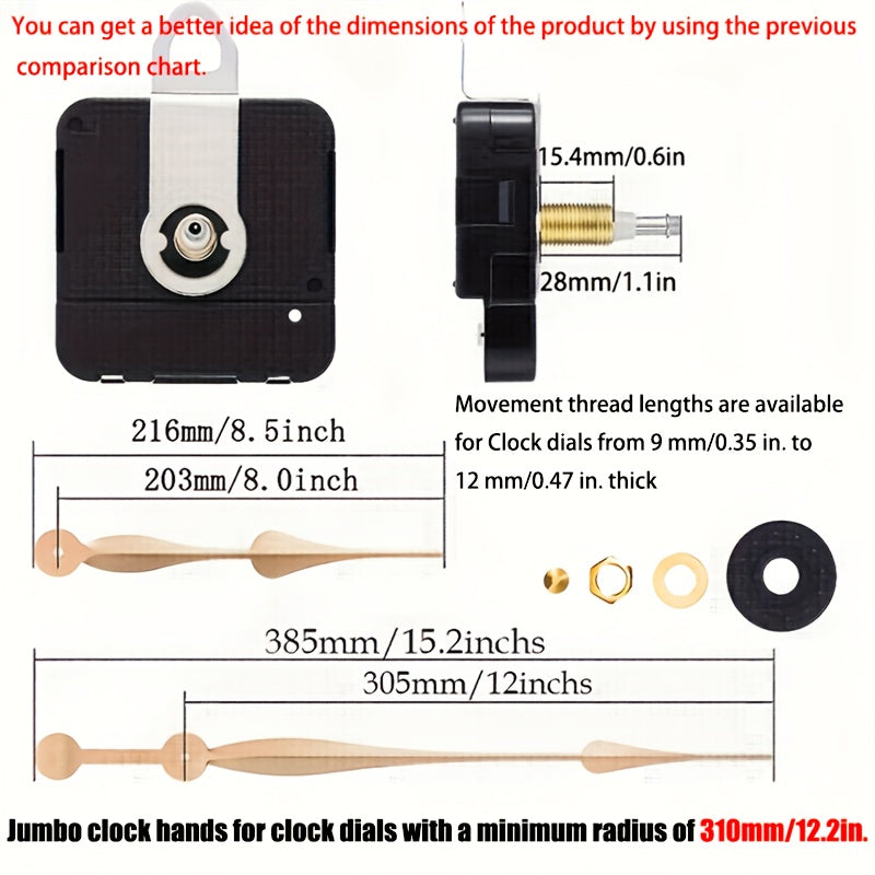 12-Inch Spade Hands Black Plastic Clock Movement with High Torque Long Shaft, Assembly Required