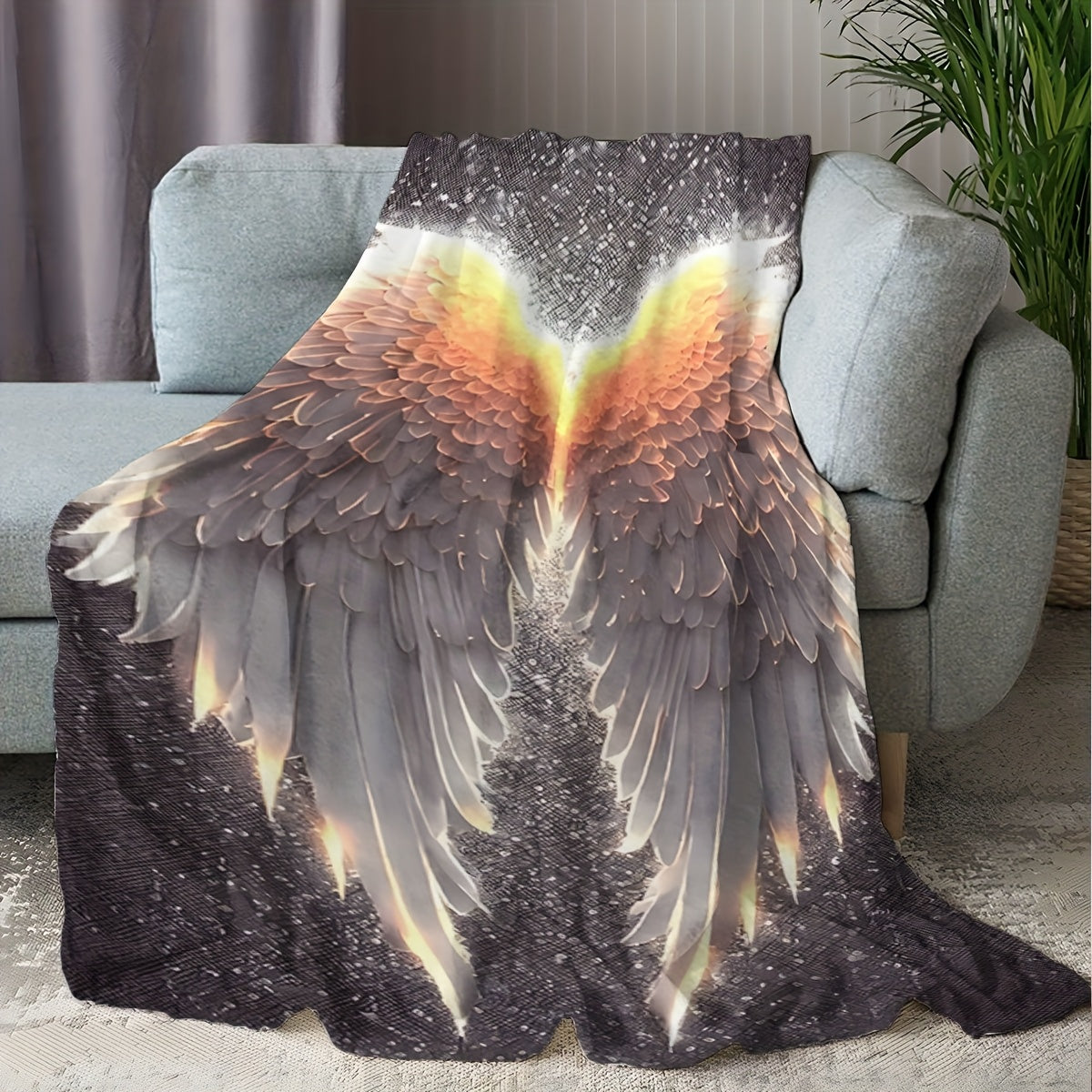 Contemporary Glowing Wings Print Flannel Blanket - Soft and Cozy Polyester Knit Throw for All Seasons, Perfect for Sofa, Travel, Bedroom, and Car - Lightweight and Vibrant Digital Print Bedding Option, 200-250gsm