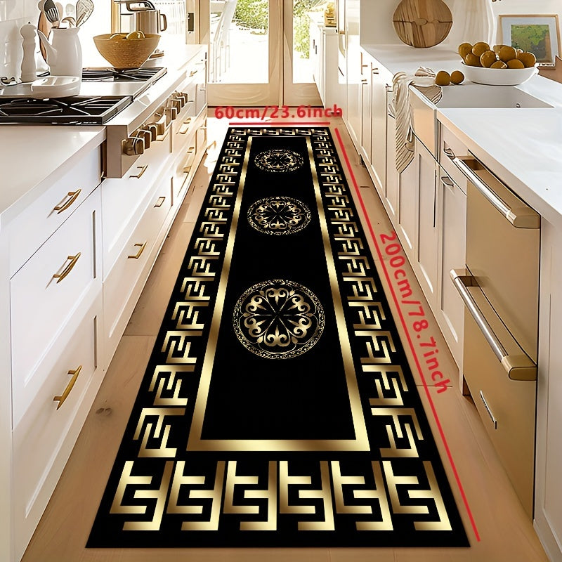 Elegant F-Pattern Runner Rug in Luxurious Golden and Black - Non-Slip, Machine Washable Polyester Carpet for Entryway, Living Room, Bedroom, Outdoor Patio, Garden, and Yard Decor