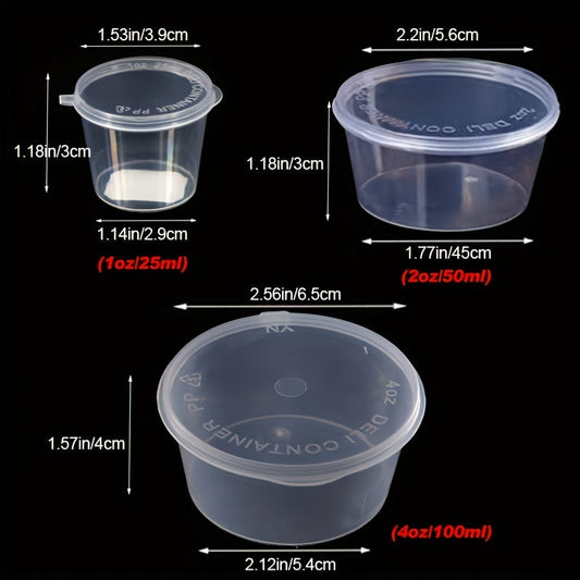 50 Disposable Seasoning Cups, Clear Plastic Sauce Cups for Sauces, Yogurt, Pudding, Sampling, Takeaway, Travel, and Parties