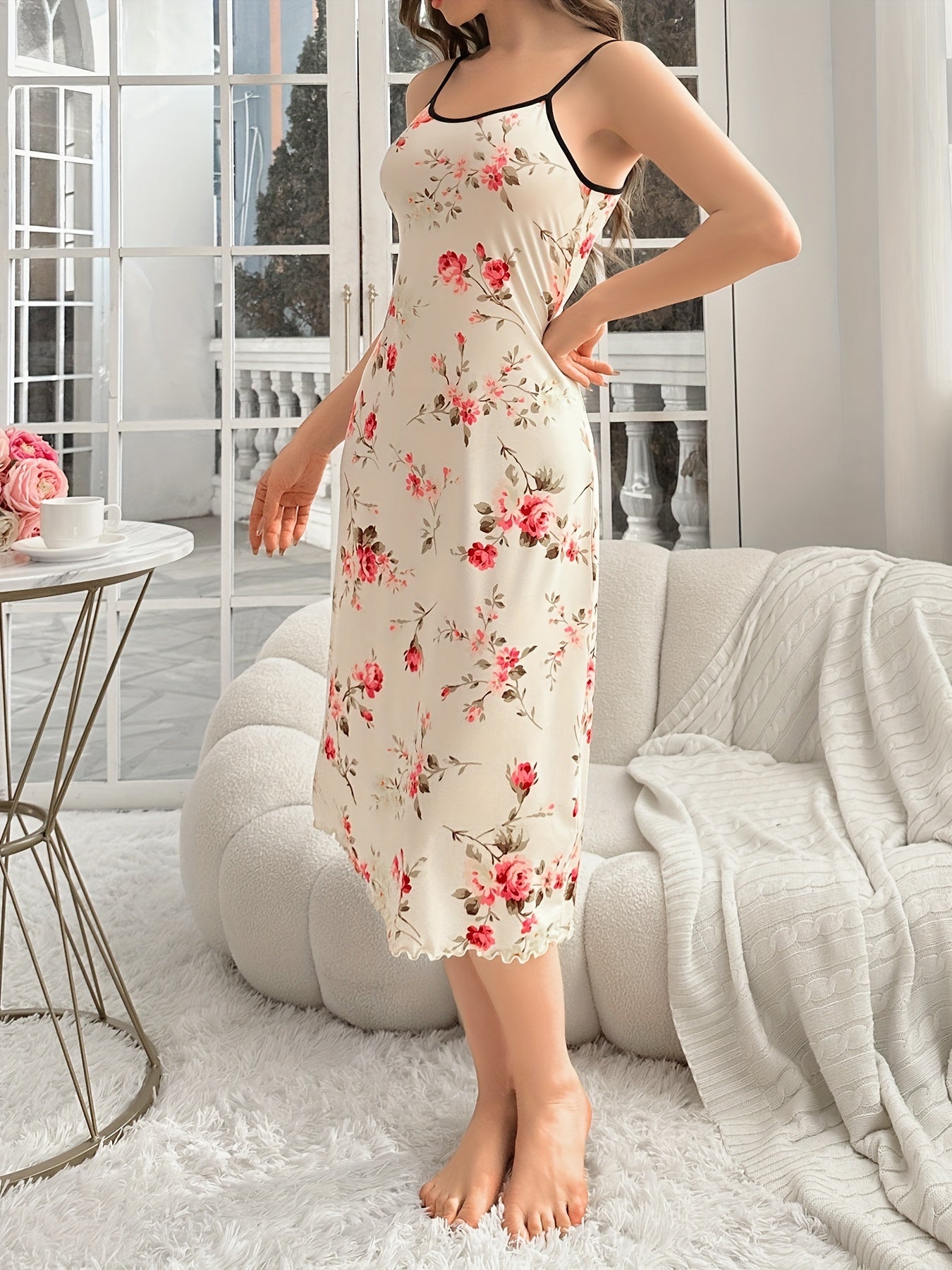 Floral print slip nightdress with lettuce trim, backless design, perfect for women's sleepwear.