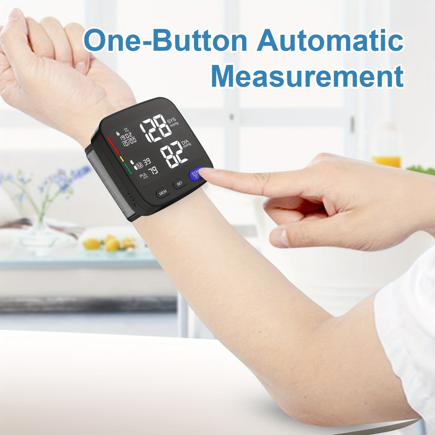 Household wrist blood pressure monitor, portable and wireless, can store up to 180 readings for two users (battery not included).