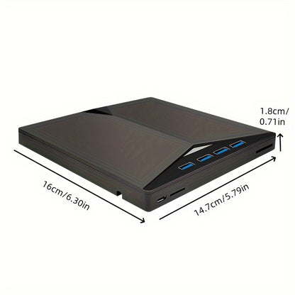 Portable DVD Drive with USB ports, card readers, and high-speed USB 3.0 for laptops and PCs - perfect for movies, music, games, and data transfer.