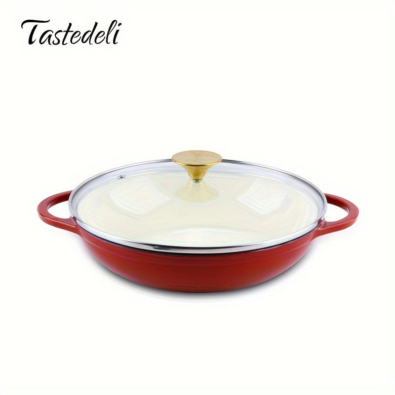 Tastedeli's Enameled Cast Iron Dutch Oven is a round casserole braising pan with lid, holding 2.5 quarts - perfect for versatile cooking such as braising, stewing, and baking.