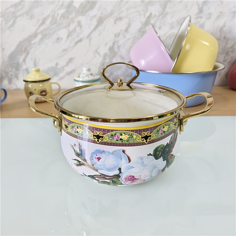 Thickened Enamel Stew Pot with Stainless Steel Handle and Transparent Cover, Suitable for Gas and Electromagnetic Stoves, Easy to Clean