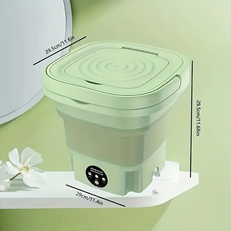 Compact MOMMED portable washing machine for RV with foldable design and hidden handle. European standard plug, suitable for indoor and outdoor use. 110V-240V compatibility, no energy