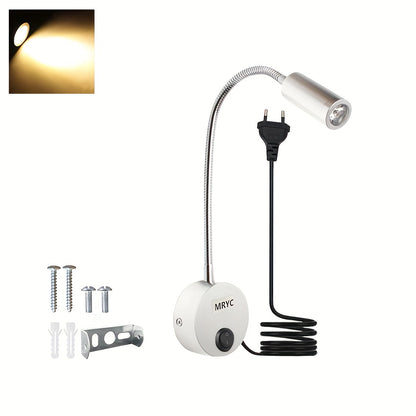 Wall-mounted reading light with flexible goose neck LED spotlight, plug and switch, suitable for bedroom, bedside, office, workbench, studio.