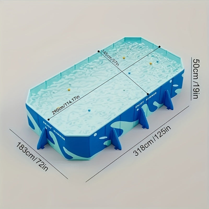 Inflatable swimming pool made of durable PVC material in a rectangular shape suitable for ages 14+.