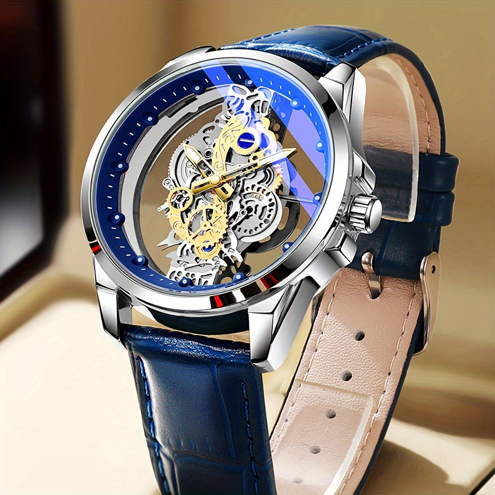 Luxury men's rose gold skeleton quartz watch with luminous hands, zinc alloy case, faux leather and stainless steel band - ideal Father's Day gift.