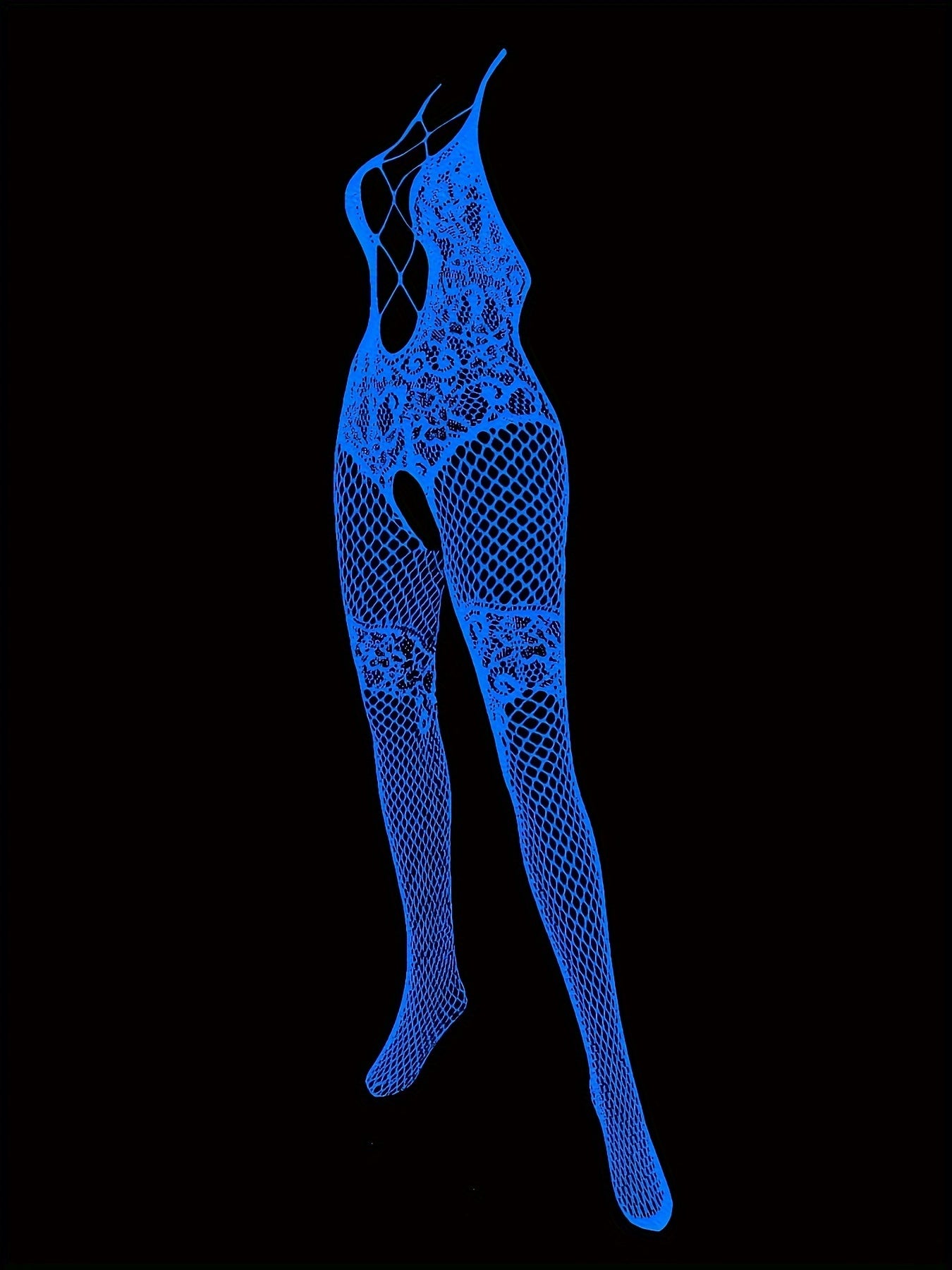 Neon glow-in-the-dark fishnet bodystocking for women, perfect for Y2K clubwear.