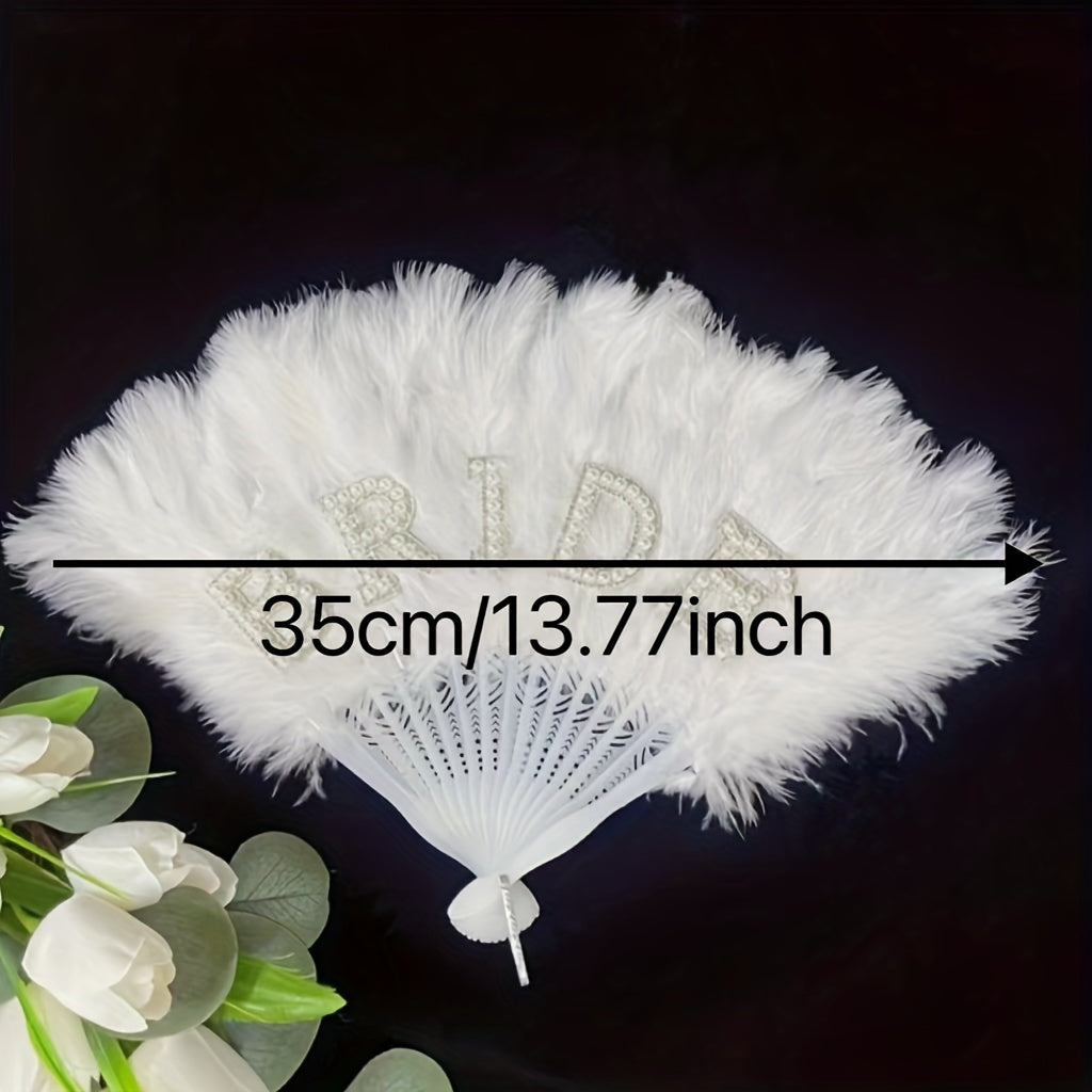 Stylish Bride Handheld Fan with Pearl and Rhinestone Embellishments, 13-inch Plastic White Fan for Weddings, Bachelorette Parties, Bridal Showers, and Honeymoons – Ideal Photo Prop and Gift for the Bride