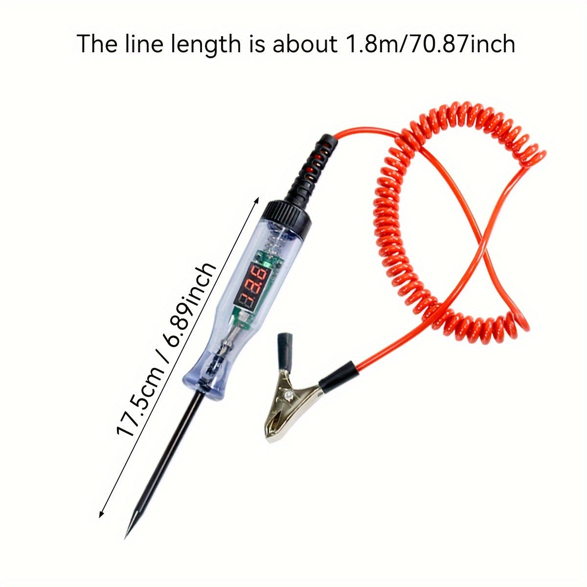 Automotive diagnostic test pen with digital display and long probe for cars and trucks. Durable ABS, high precision 0.1V, 36V max, battery-free. Essential tool for auto repair and battery