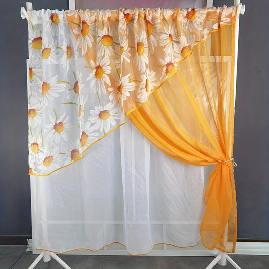 Vintage French country-style door curtain with daisy print and triangle design, made of semi-sheer fabric for light filtering in the living room, bedroom, office, or farmhouse. Perfect for adding a touch of charm to your home decor.