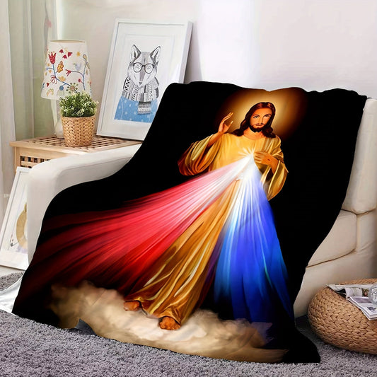 Ray of Jesus Print Blanket - 1 Piece, Flannel Material, Soft and Cozy Throw Blanket for Couch, Sofa, Office, Bed, Camping, and Travel. Versatile Gift Option for All Seasons.