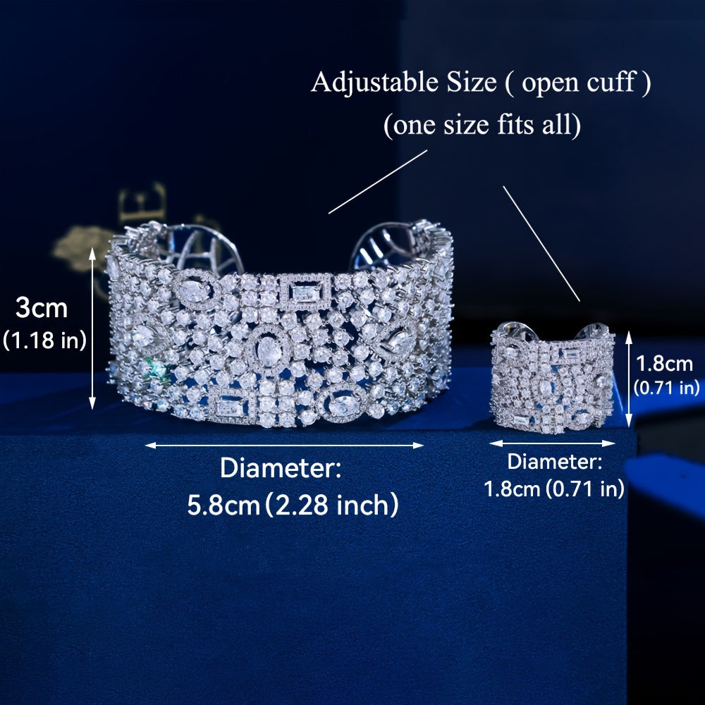 Stunning Zirconia Cuff Bracelet and Ring Set for Women - Perfect for Elegant Bridal Banquets, Wedding Anniversary Parties