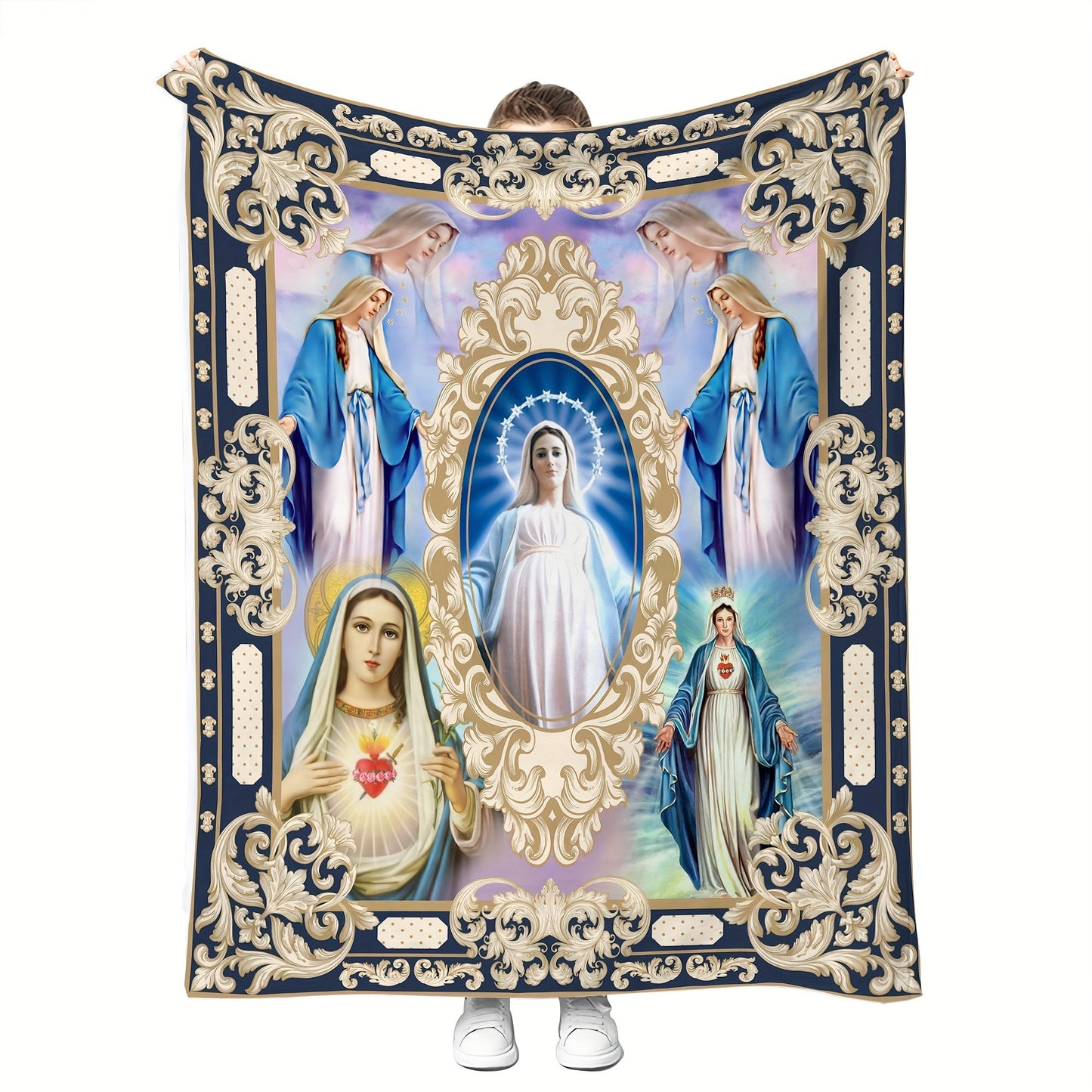 Guadalupe Virgin Mary Religious Blanket in Contemporary Flannel Style - A Soft and Cozy Fleece Throw with Digital Printing, Machine Washable and Multipurpose Gift for Christian Catholics. Made of 100% Polyester, Suitable for All Seasons.