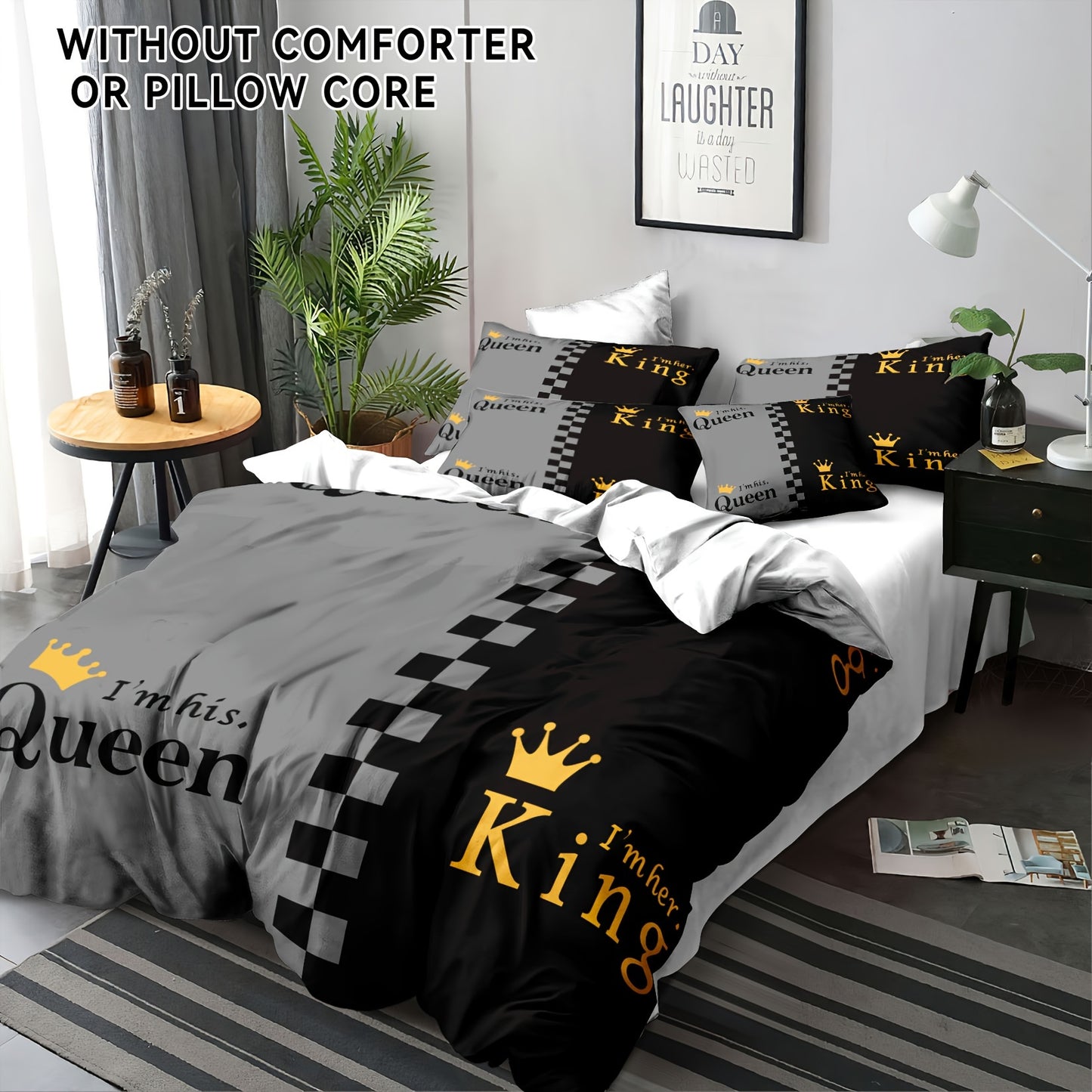 King & Queen Crown 3pcs Duvet Cover Set - Soft Breathable Polyester, Zipper Closure - Includes 1 Duvet Cover & 2 Pillowcases, Machine Washable, Digital Print