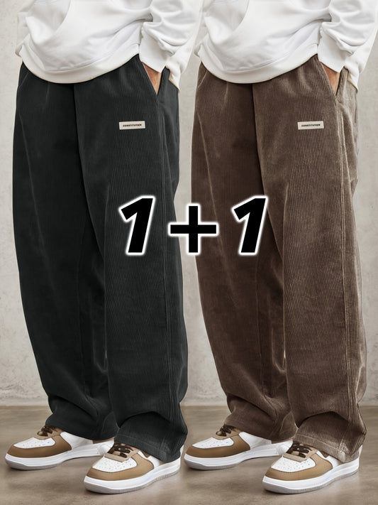 Men's casual corduroy overalls set with polyester material, solid color, regular length, pockets, elastic waist, loose fit for streetwear, weekends, and outdoor activities.