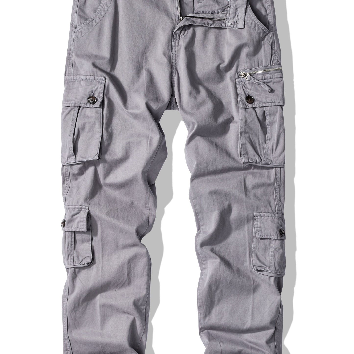 Men's plus size cargo pants in solid color, loose fit, made of washed cotton for all-season wear. Features 8 pockets and a street style design.