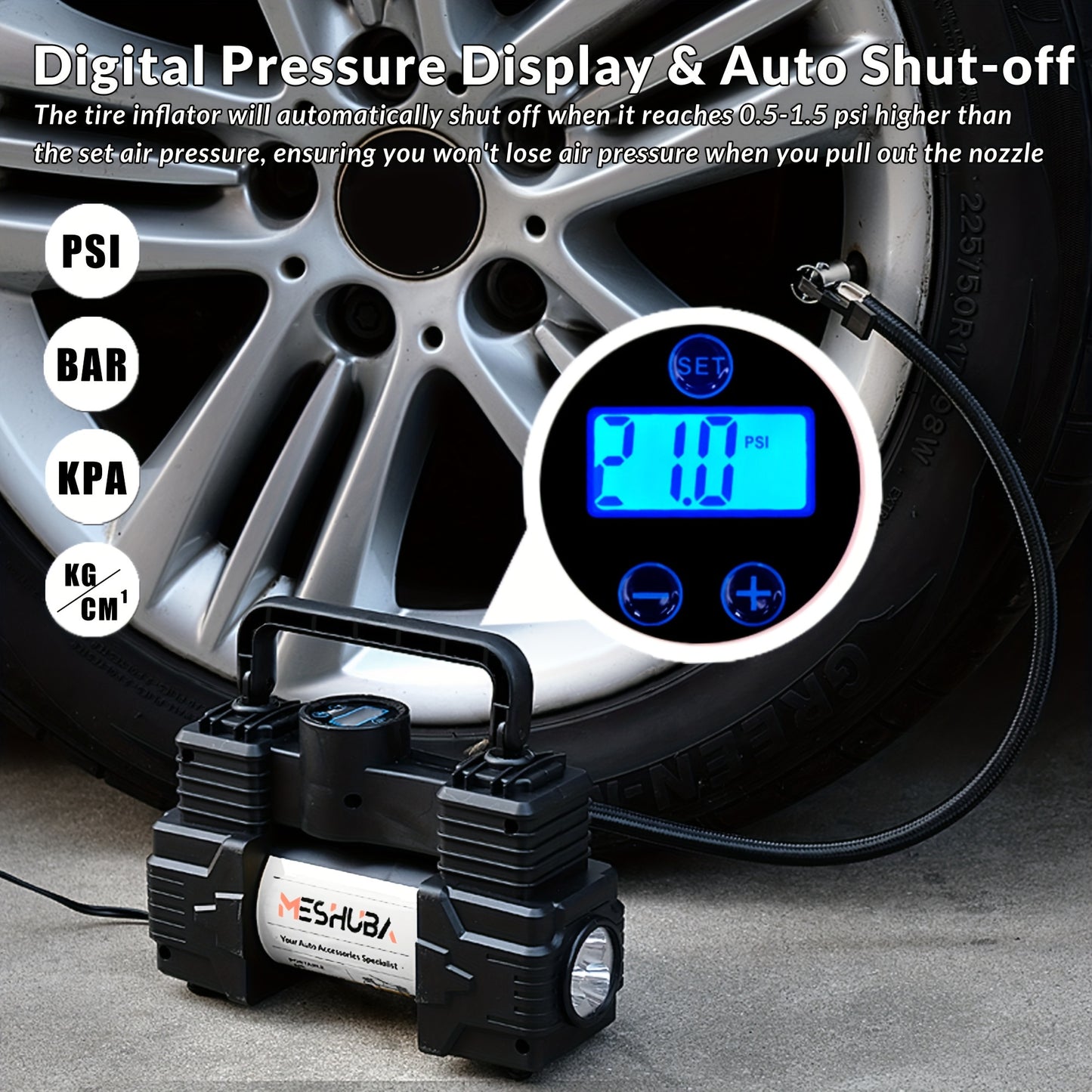 1pc MESHUBA 12V Portable Tire Inflator Air Compressor, 150PSI with Digital Gauge, LED Light, Car Plug, for Car Bike Motorcycle, Fast Inflation, No Battery Required