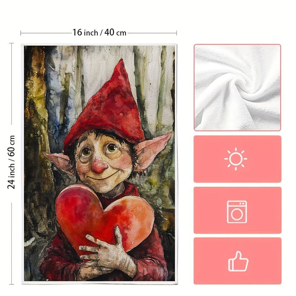 Get a pair of ultra-soft kitchen towels with a Valentine's Day elf design, perfect for holiday decoration. These towels are highly absorbent, machine washable, and measure 40.64X60.96 cm.