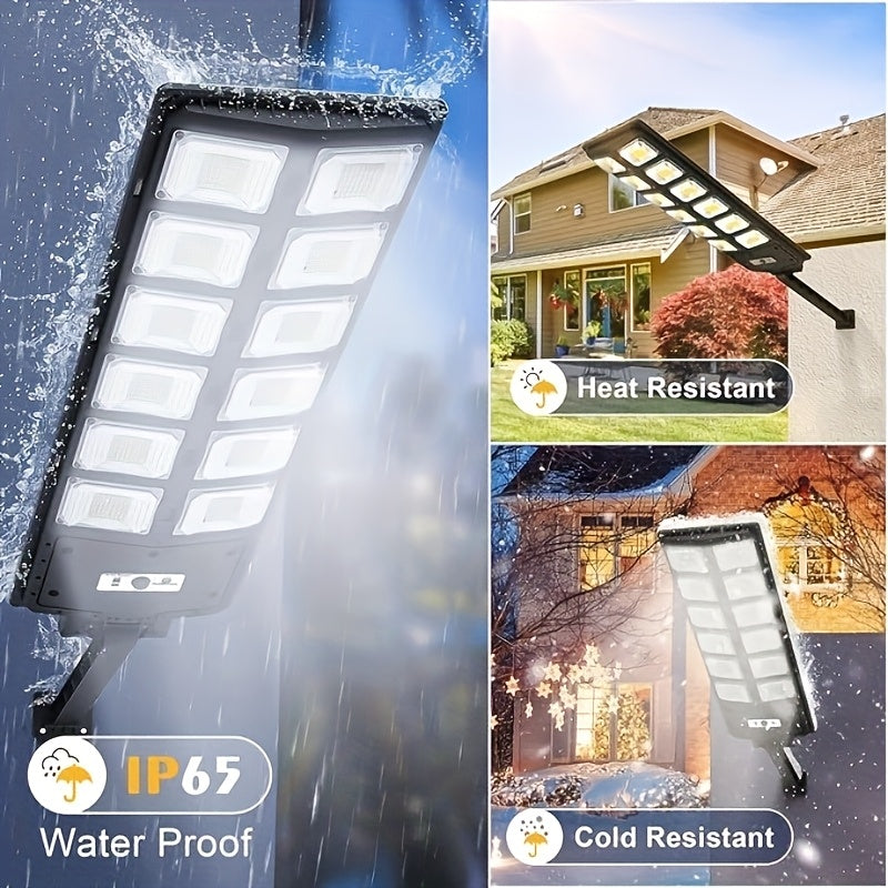 LOVEWE Solar Street Lights Outdoor with Motion Sensor, Remote Control, and Infrared Sensor. Solar powered with non-rechargeable button battery. Ideal for yard, deck, garden, and parking lot