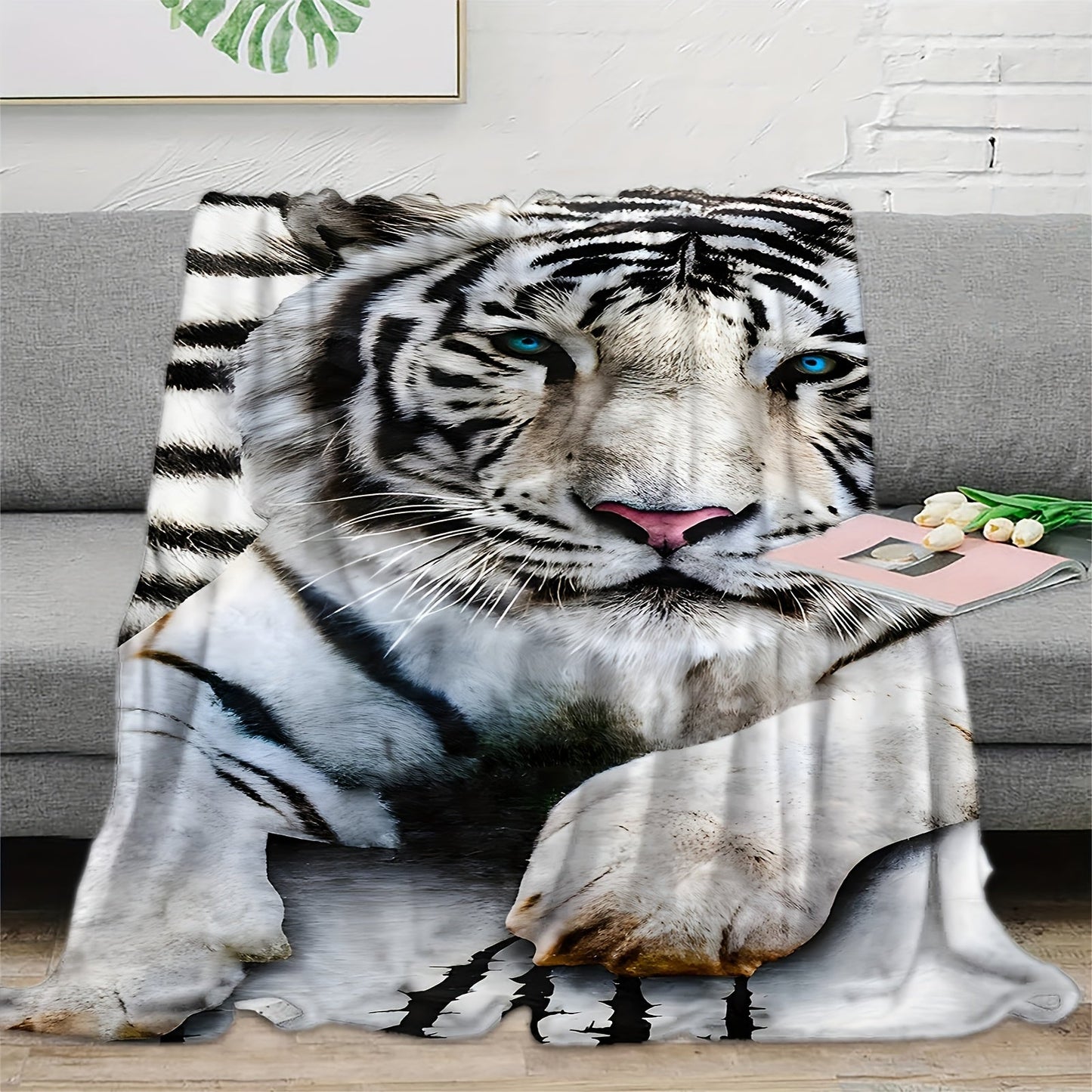 Soft and comfortable 1pc White Tiger Printed Flannel Blanket perfect for adults at home, picnic, or travel. Great as a gift too!