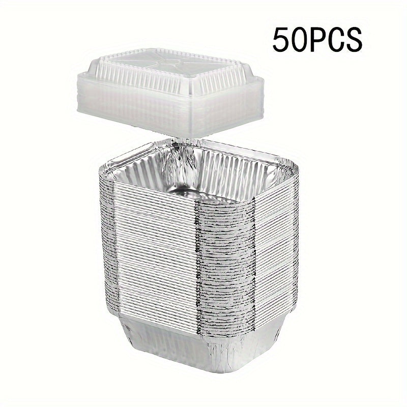 50 aluminum foil pans with lids, measuring 15.24x11.94x4.83cm. Great for pies, cheesecakes, cinnamon rolls, and more. Perfect for holidays, home kitchen, restaurant takeout, picnics, and parties.