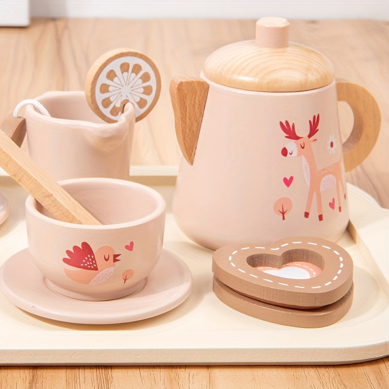 Wooden tea set for little girls, children's tea parties and toy kitchen role-playing.