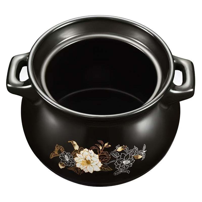 Black ceramic pot with dual handles, holding up to 71oz - suitable for high and low temperatures. Designed for 2-3 people, perfect for home kitchens.