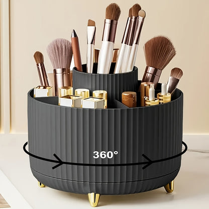 360° Rotating Makeup Organizer with 5 compartments for brushes, lipsticks, skincare, and stationery. Durable unscented desk caddy with luxury stripe design.