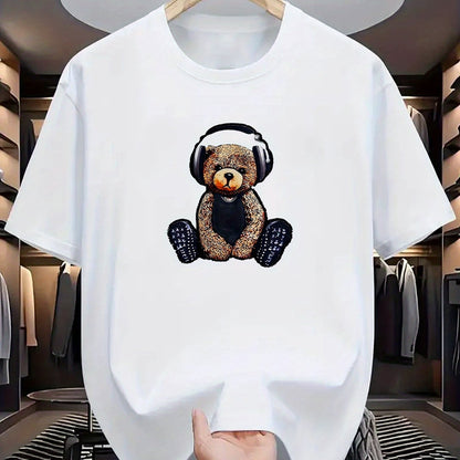 Men's Dark Green T-Shirt with Teddy Bear & Headphones Graphic - Stretchy, Breathable Polyester Tee - Perfect for Summer Outdoor Activities