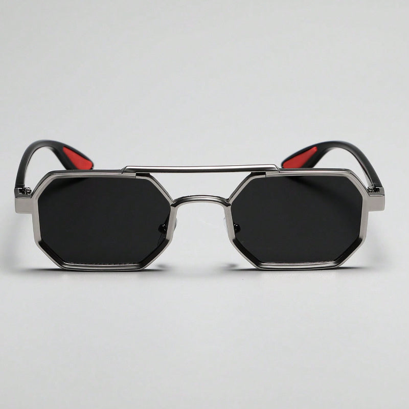 A unisex metal geometric frame glasses that can complement various outfits like sweaters, jackets, sweatshirts, and hoodies, serving as decorative eyewear.