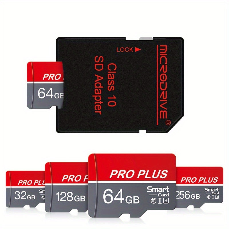 High-speed Class 10 U3 Microdrive Pro Plus Memory Card in red and gray, available in sizes 4GB to 256GB, offers reliable performance for smartphones, tablets, and more.