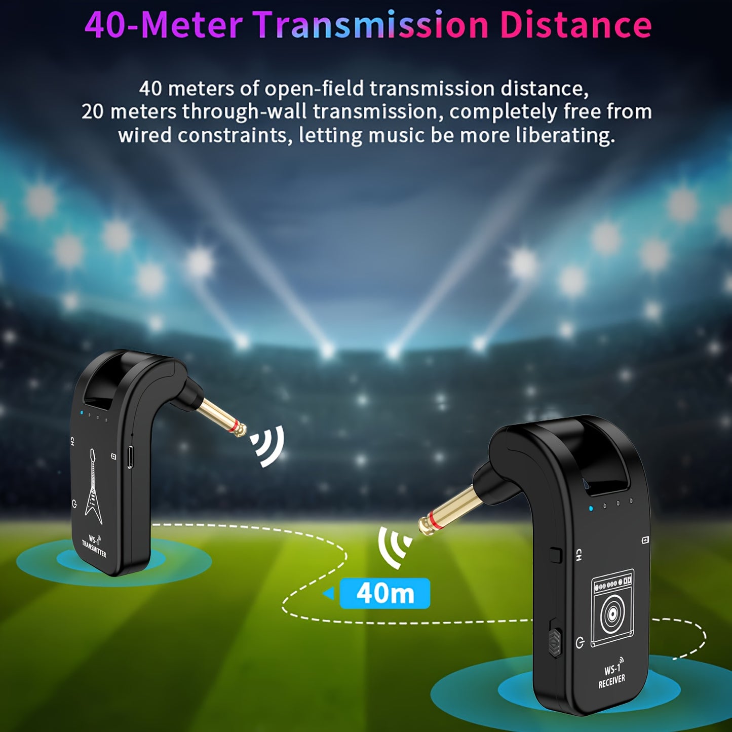 Black 2.4GHz wireless guitar system, ABS material, compatible with electric and bass guitars