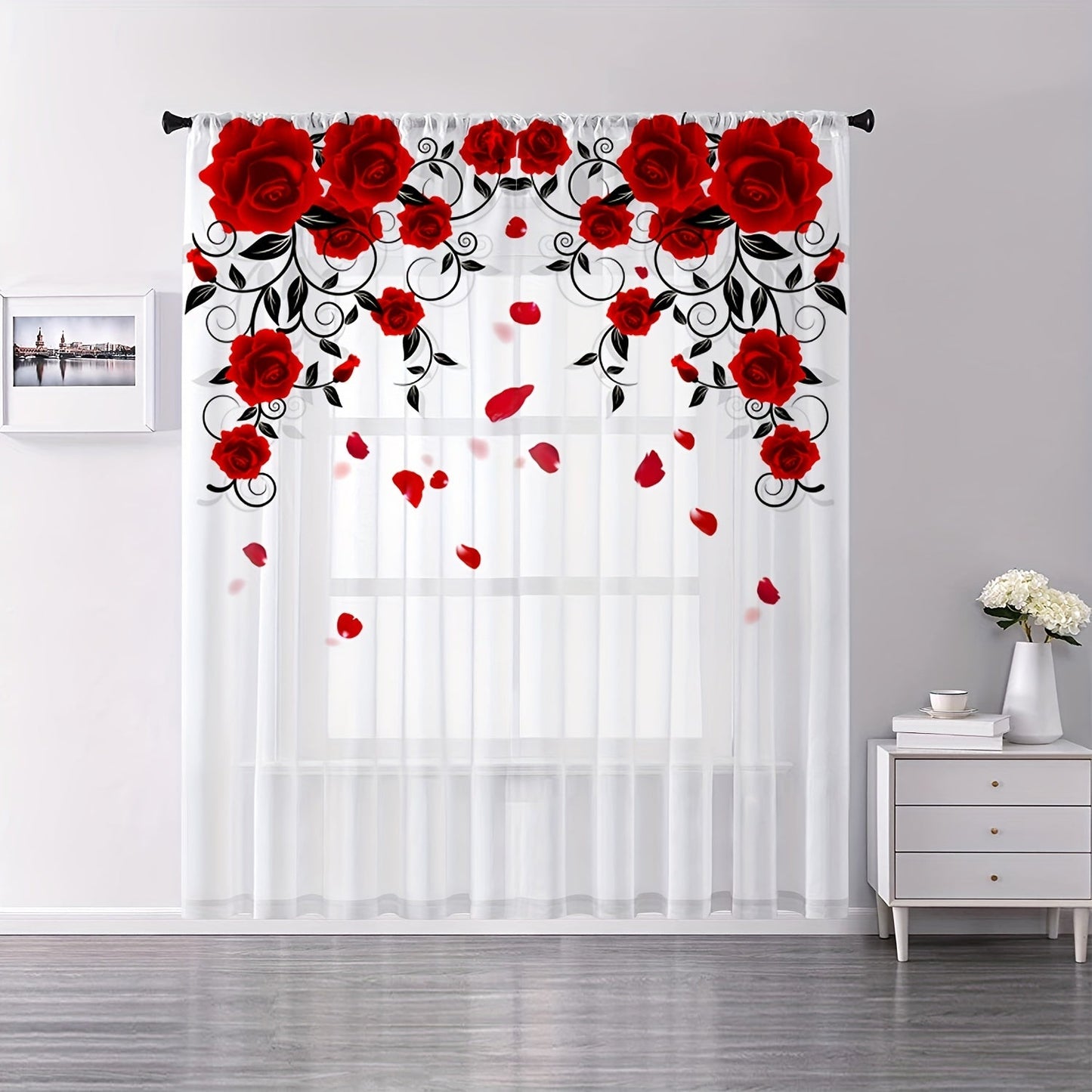 Red Rose Printed Curtain with Rod Pocket for Bedroom, Office, Kitchen, Living Room, Study - Home Decor, Aesthetic Room Decoration