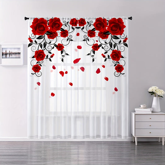 Red Rose Printed Curtain with Rod Pocket for Bedroom, Office, Kitchen, Living Room, Study - Home Decor, Aesthetic Room Decoration