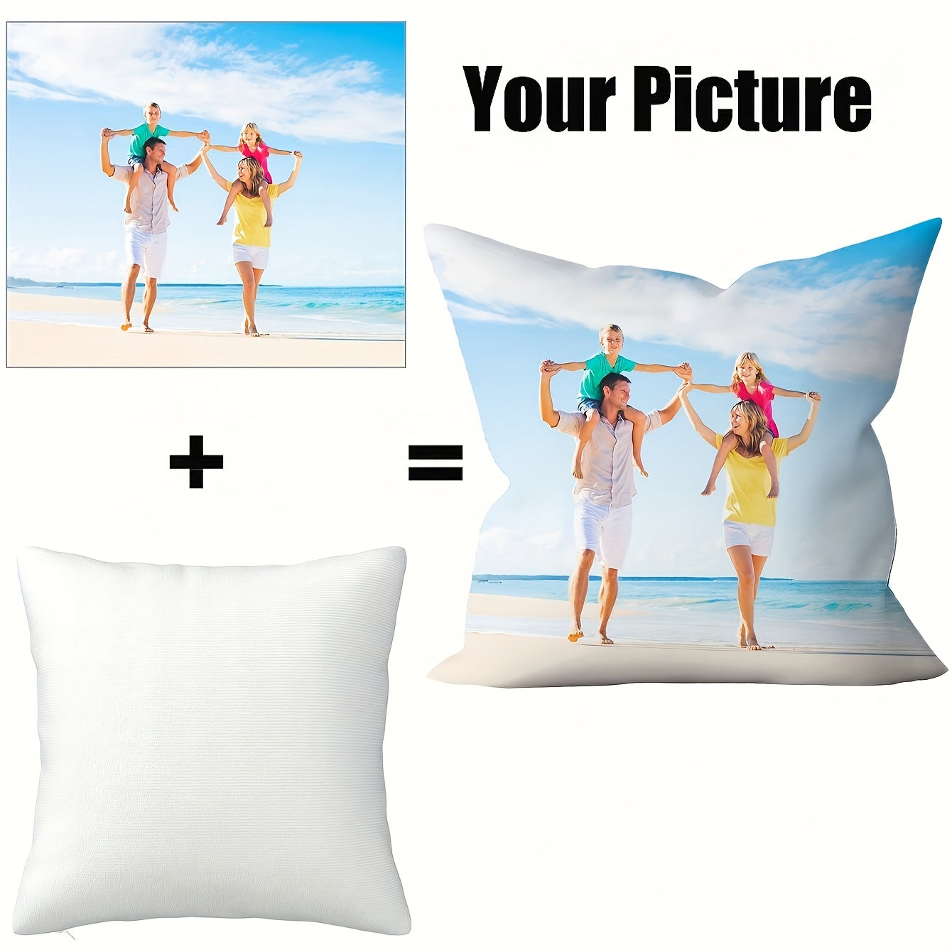 Customize your living space with a personalized photo pillowcase made from soft polyester knit fabric. Perfect for a sofa, bed, car, tea room, bedroom, or living room decor, this pillowcase can be printed with a single or multiple images for a special