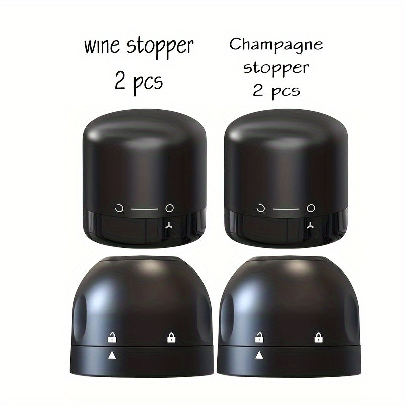 4 reusable, leakproof wine and champagne bottle stoppers in black for bars, restaurants, and hotels.